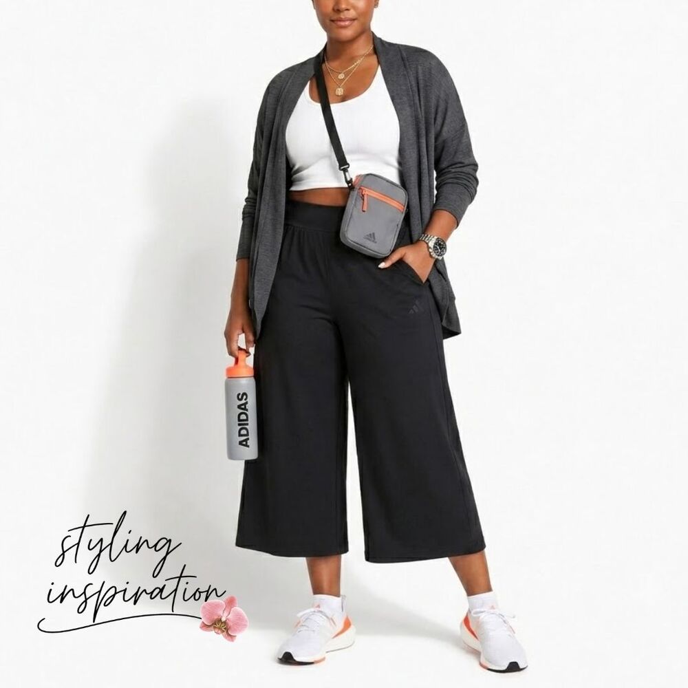 Adidas XL Black Wide Leg Cropped Pants Athleisure High Rise Zip Pockets Lounge - Picture 9 of 9